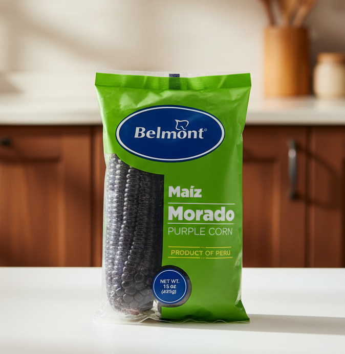 Green package of Belmont purple corn with blue label on a white background