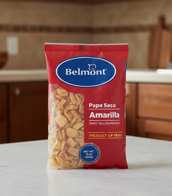 Bag of Belmont Papa Seca Amarilla dried yellow potato on a white background