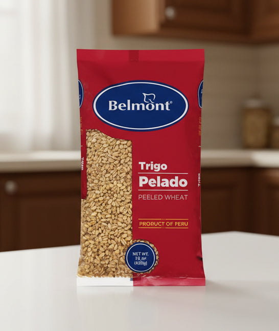 Bag of Belmont Trigo Pelado peeled wheat with red background