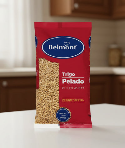 Bag of Belmont Trigo Pelado peeled wheat with red background