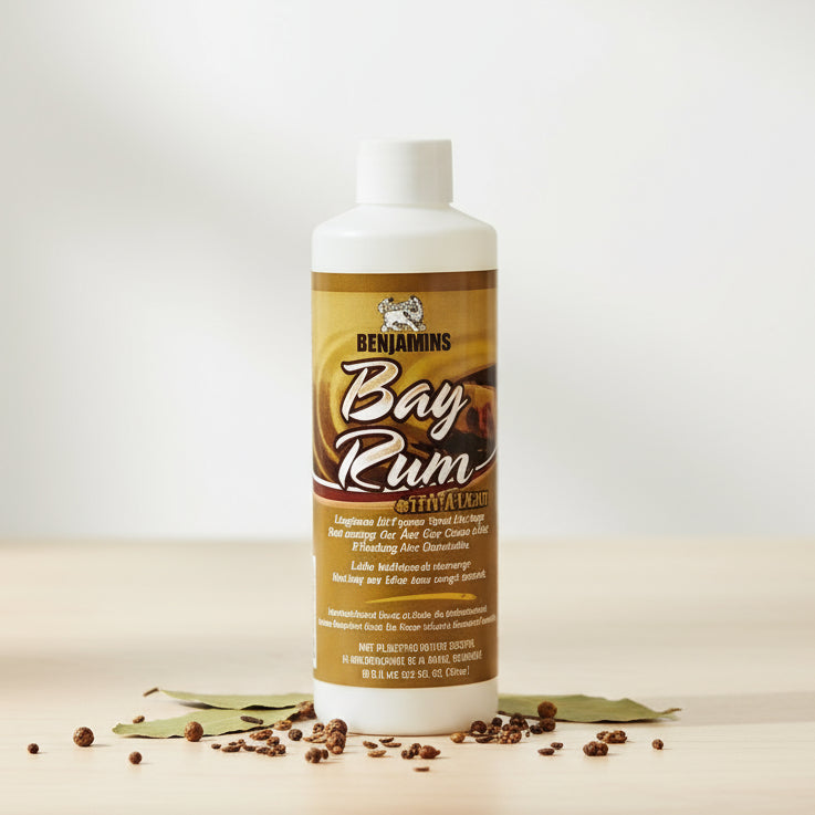 Bottle of Bay Rum with a brown label on a white background