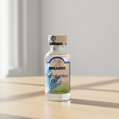 Bottle of Benjamins Eucalyptus Oil on a white background
