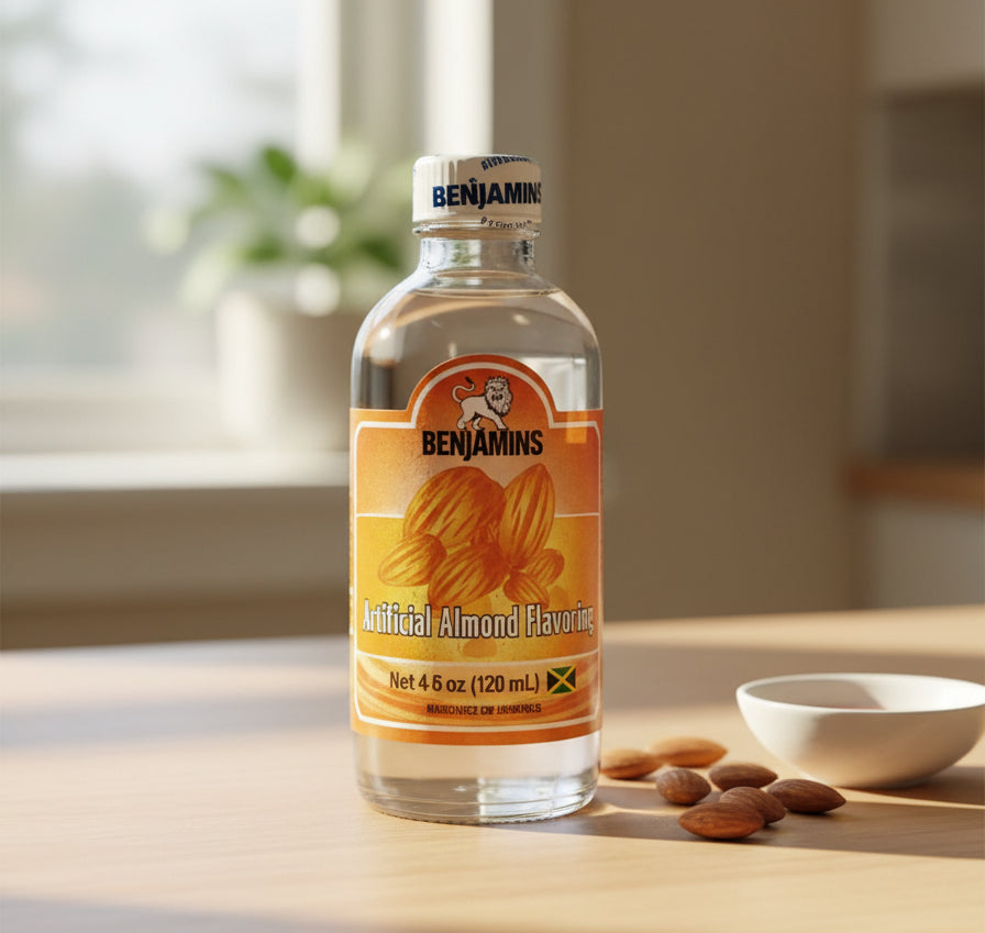 Bottle of Benjamins Almond Flavoring with orange label