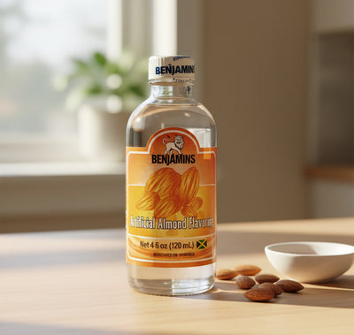 Bottle of Benjamins Almond Flavoring with orange label