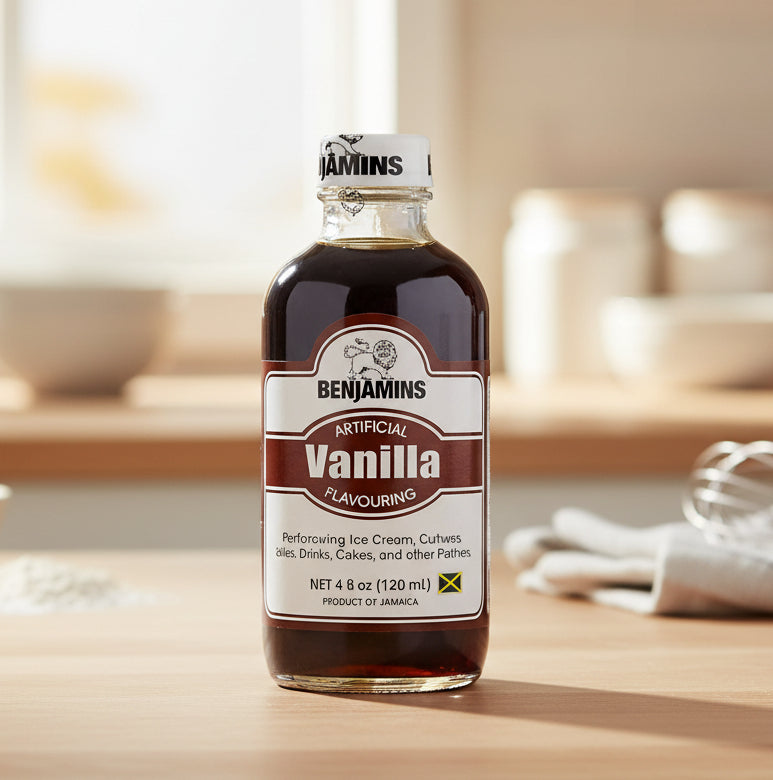 Bottle of Benjamin's Vanilla Extract on a white background