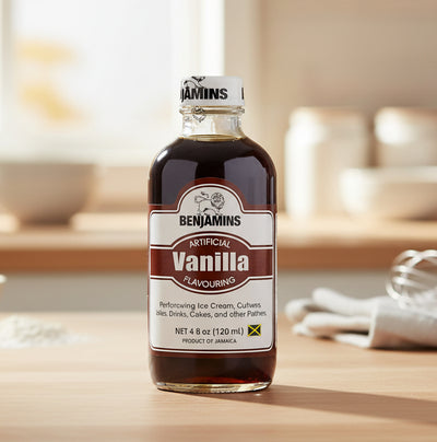 Bottle of Benjamin's Vanilla Extract on a white background