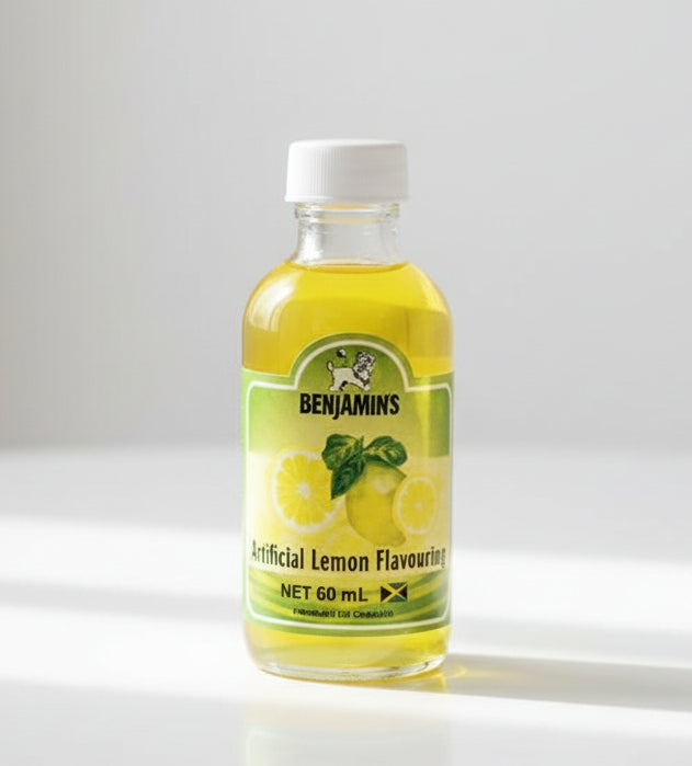 Bottle of lemon-flavored liquid with a label on a white background
