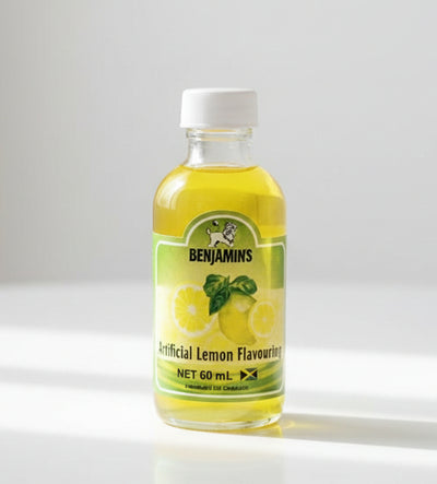 Bottle of lemon-flavored liquid with a label on a white background