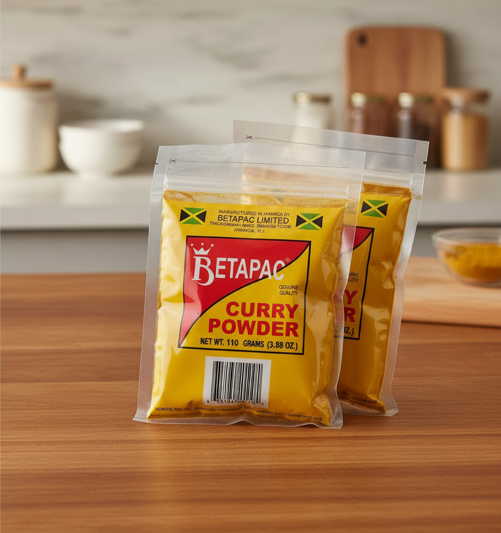 Two packages of Betapac Curry Powder, one in front and one behind, sealed in plastic, with yellow and red labeling and a green and red flag symbol.