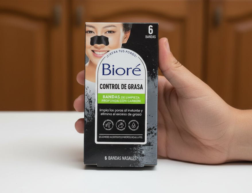 Biore control de grasa packaging held by a hand with a blurred background of various products.