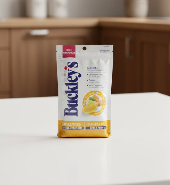 Pack of Buckley's lozenges on a dark background
