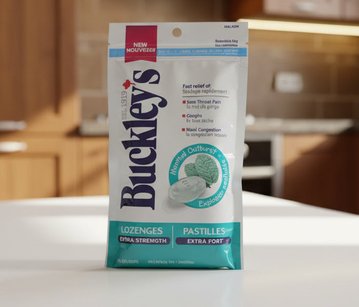 Buckley's lozenge package with text on a white background