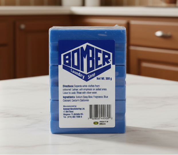 Packaged laundry soap with Bomber branding on a white background