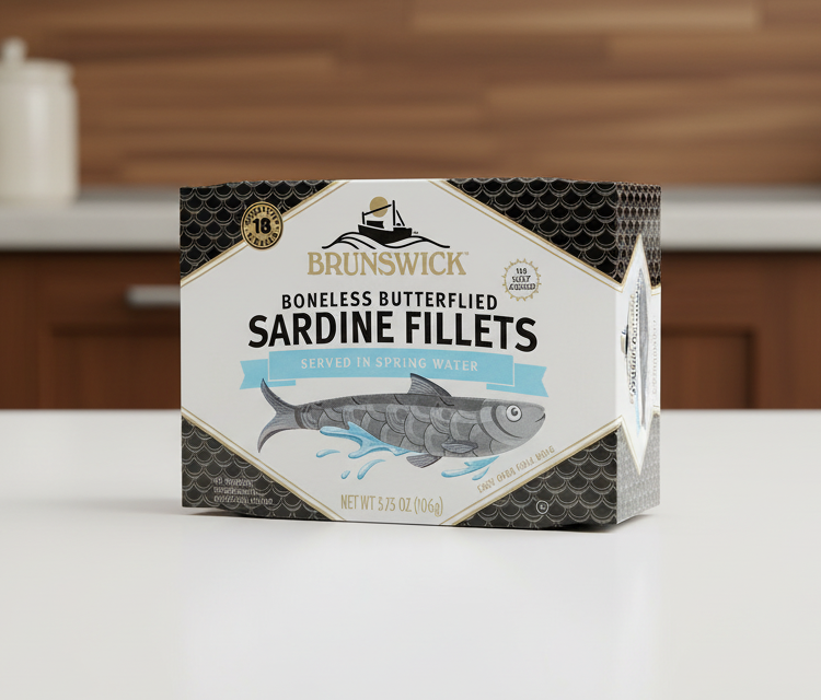 Package of Brunswick boneless butterflied sardine fillets on a white background