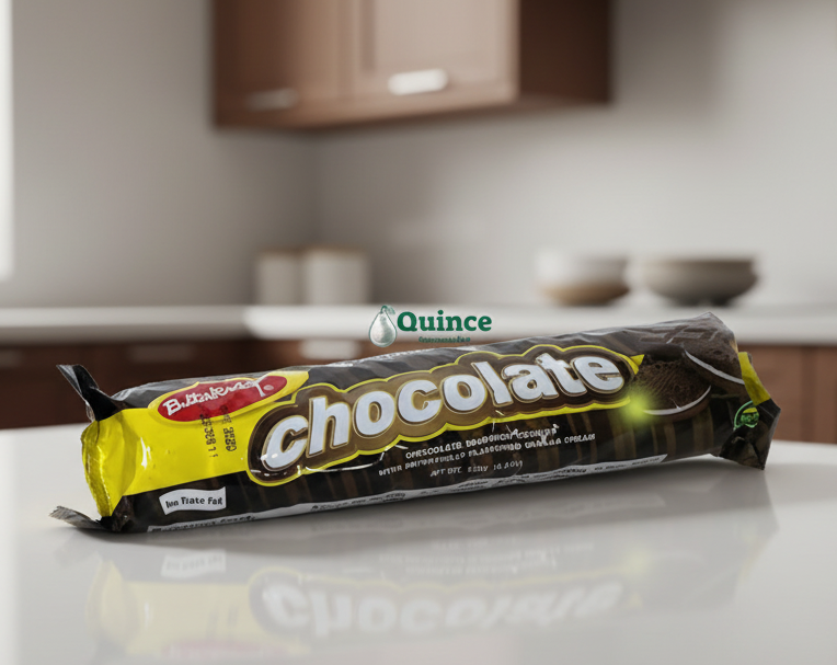 Chocolate ice cream bar with 'Quince' branding on a white background