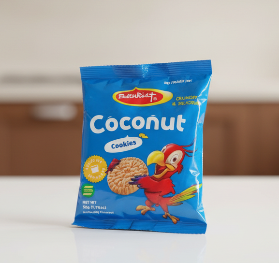 Butterfinger Coconut Cookies package with a parrot illustration on a white background
