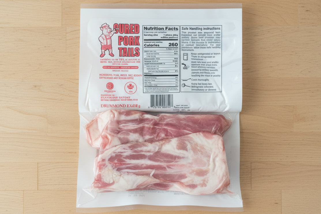 Packaged cubed pork tails with label on a wooden surface