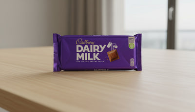 Cadbury Dairy Milk chocolate bar packaging on a black background