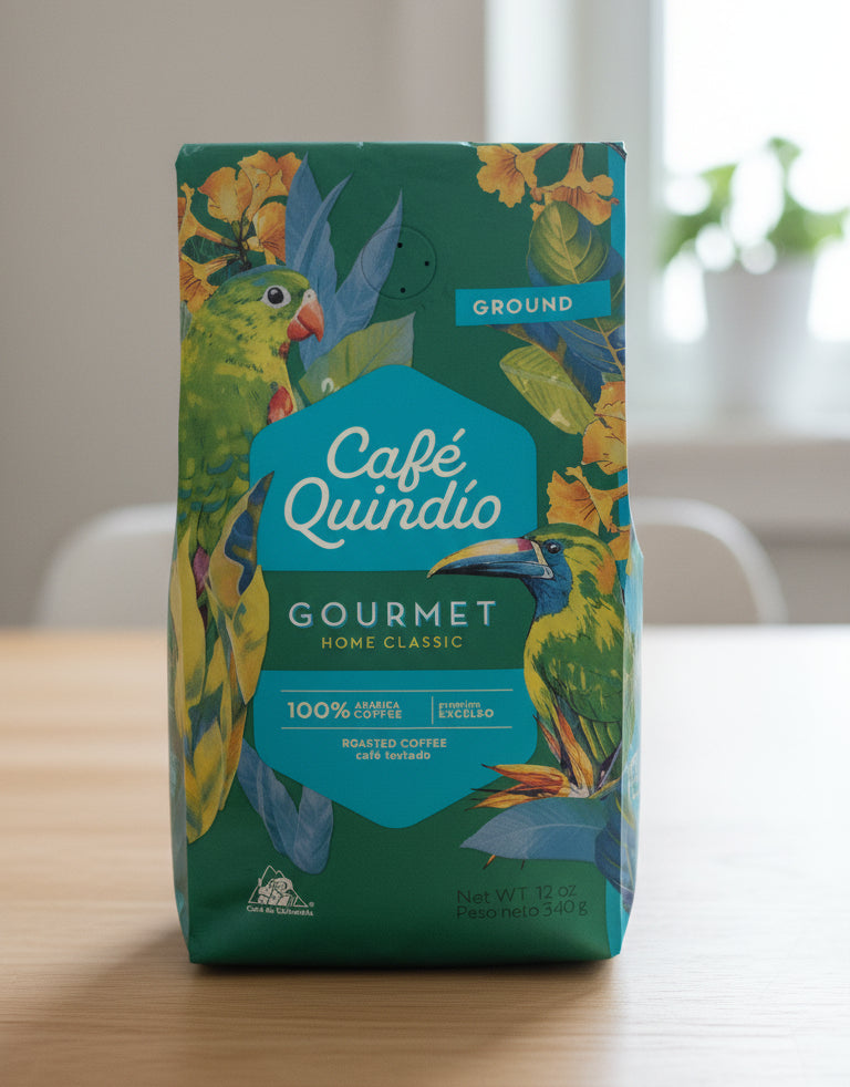 Café Quindío gourmet coffee package with colorful design