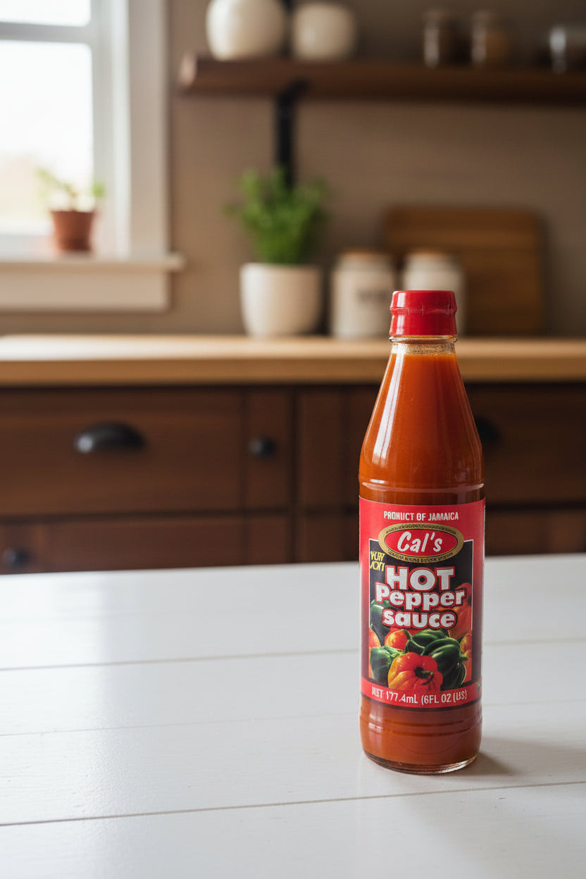 Two bottles of Cal's Hot Pepper Sauce on a store shelf with a price tag.