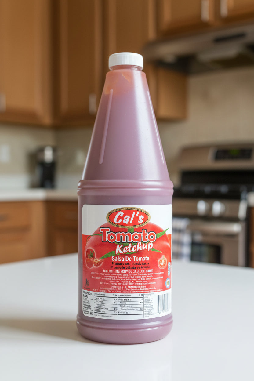 Bottle of Cal's Tomato Ketchup with a price tag in the background