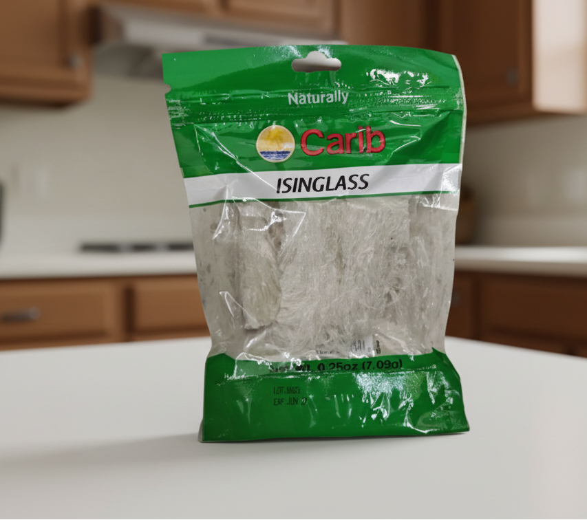 Green package of 'Naturally Carib Isinglass' on a white background