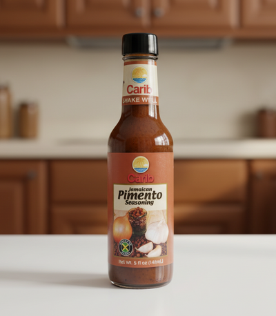 Bottle of Carib Jamaican Pimento seasoning on a white background