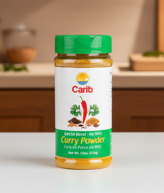 Jar of Carib Curry Powder with green lid on a white background
