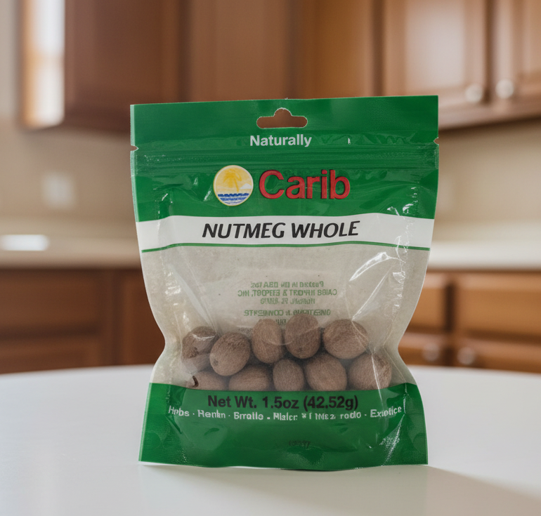 Package of Carib Nutmeg Whole on a white background