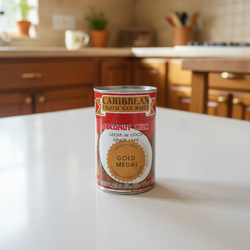 Can of Caribbean Gold Medal coconut milk on a dark surface