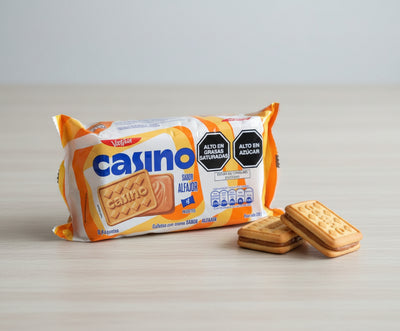 Casino brand cookie package with nutritional information on a dark background