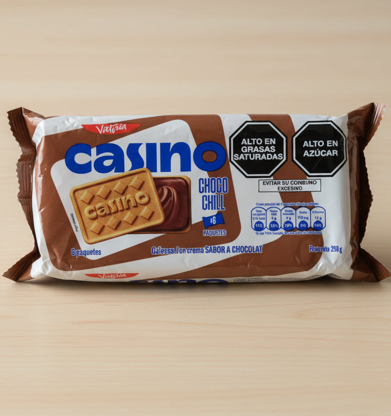 Packaged cookies with Casino branding on a dark surface