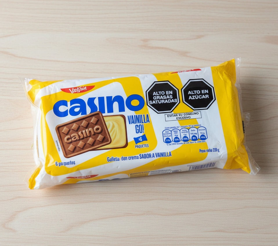 Package of Casino vanilla cookies on a dark background