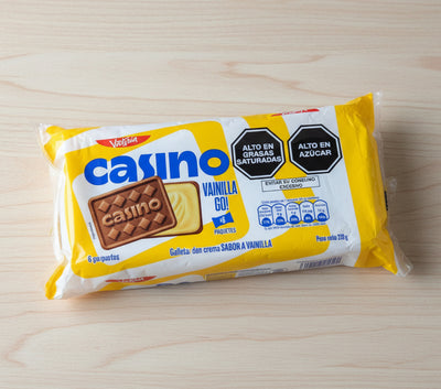 Package of Casino vanilla cookies on a dark background