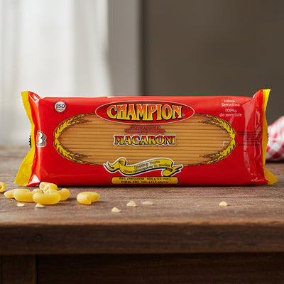 Package of Champion Macaroni with red and yellow design on a white background