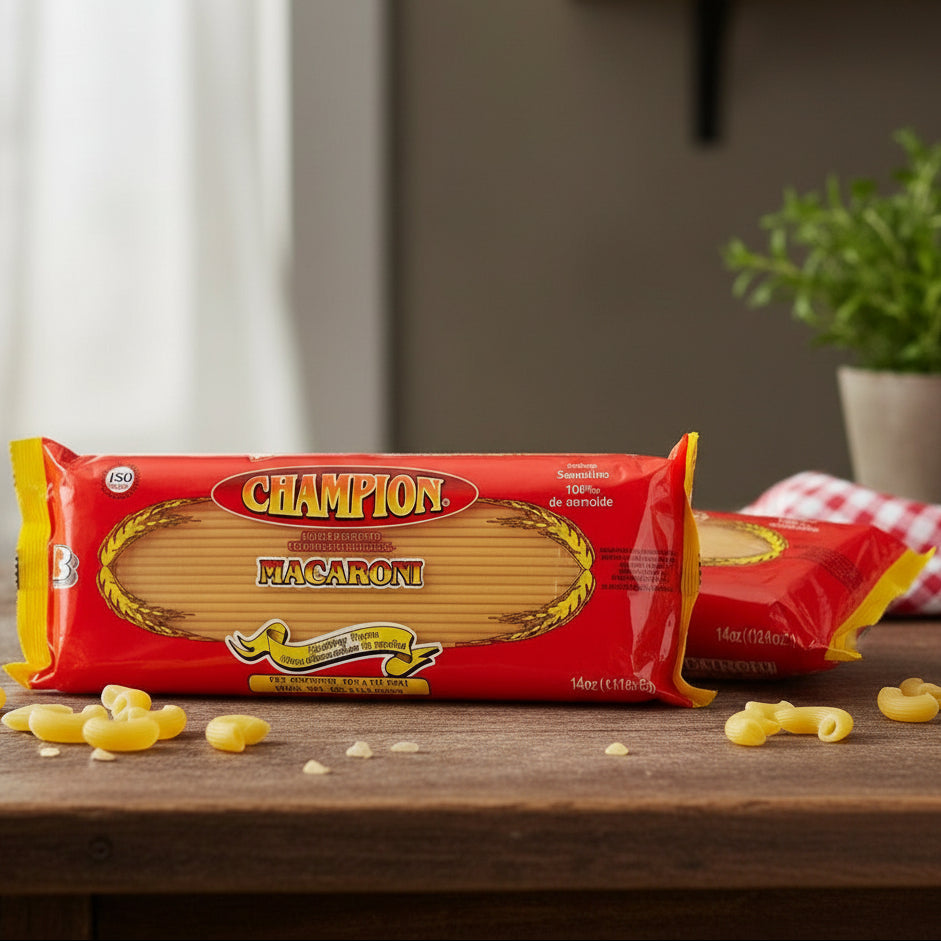 Champion Macaroni package on a wooden surface with scattered pasta pieces.