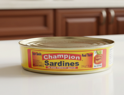 Can of Champion Sardines in Rich Tomato Sauce with Quince logo on a white background
