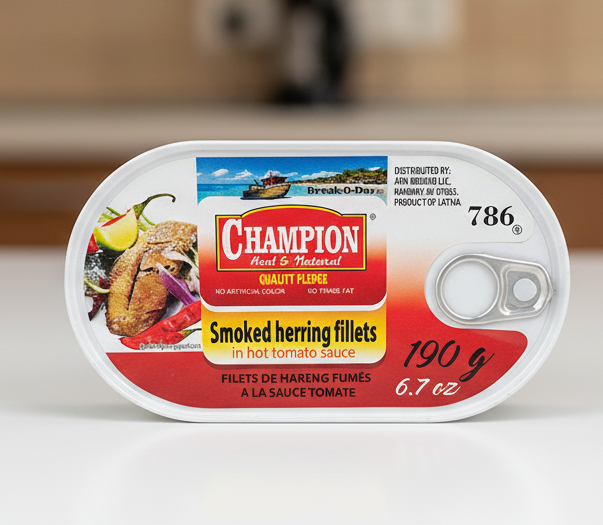 Canned smoked herring fillets with Champion branding on a white background