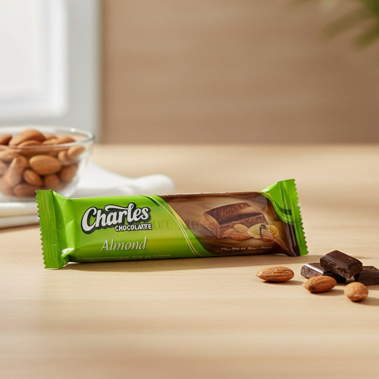Chocolate bar with green packaging on a white background