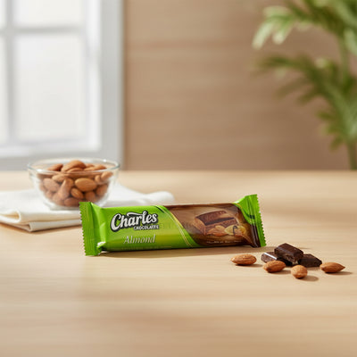 Chocolate bar with green packaging on a white background