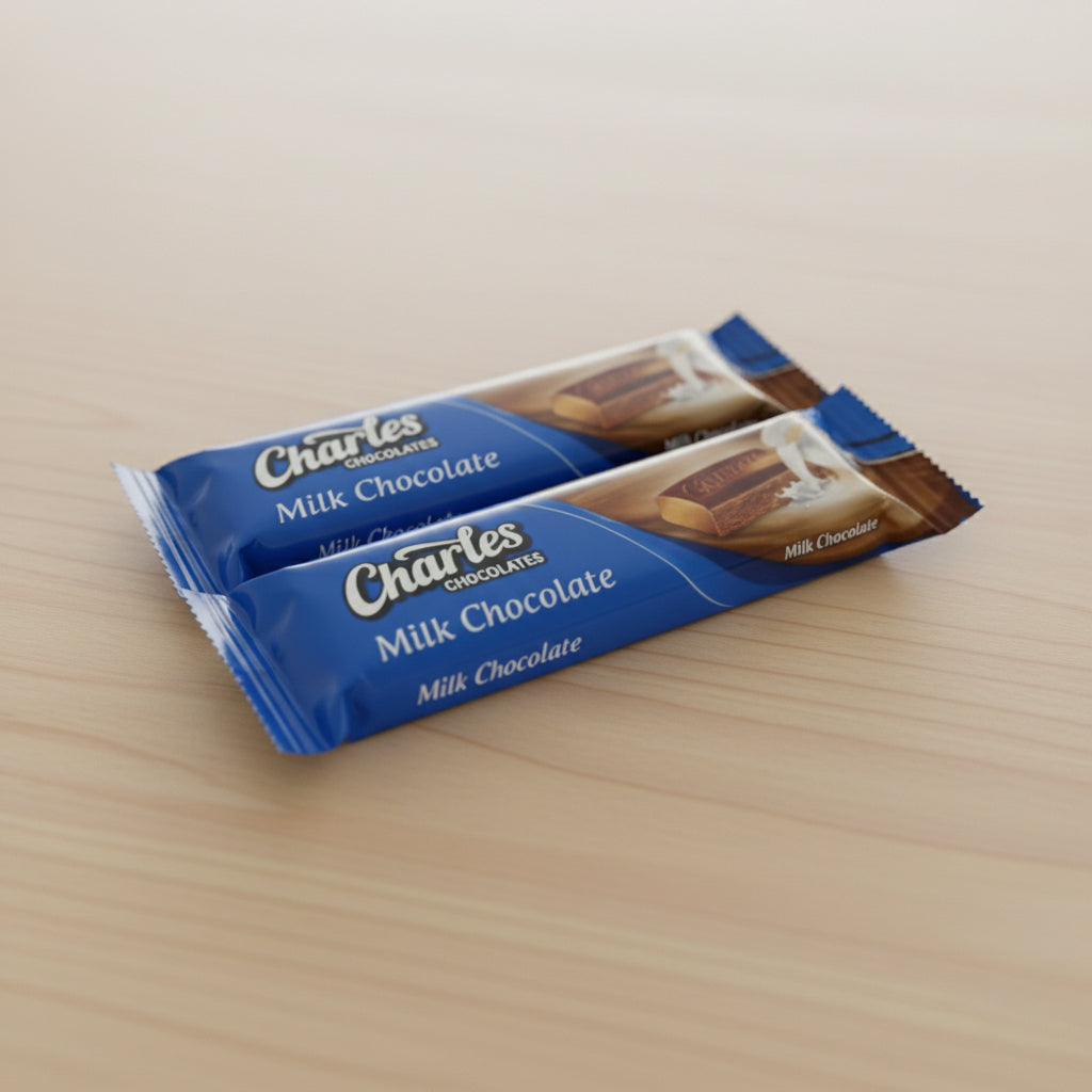 Three bars of Charles Milk Chocolate stacked on top of each other with blue packaging.