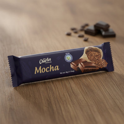 Chocolate bar with 'Mocha' flavor packaging on a white background