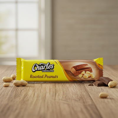 Yellow chocolate bar packaging with 'Charles Roasted Peanuts' text on a white background