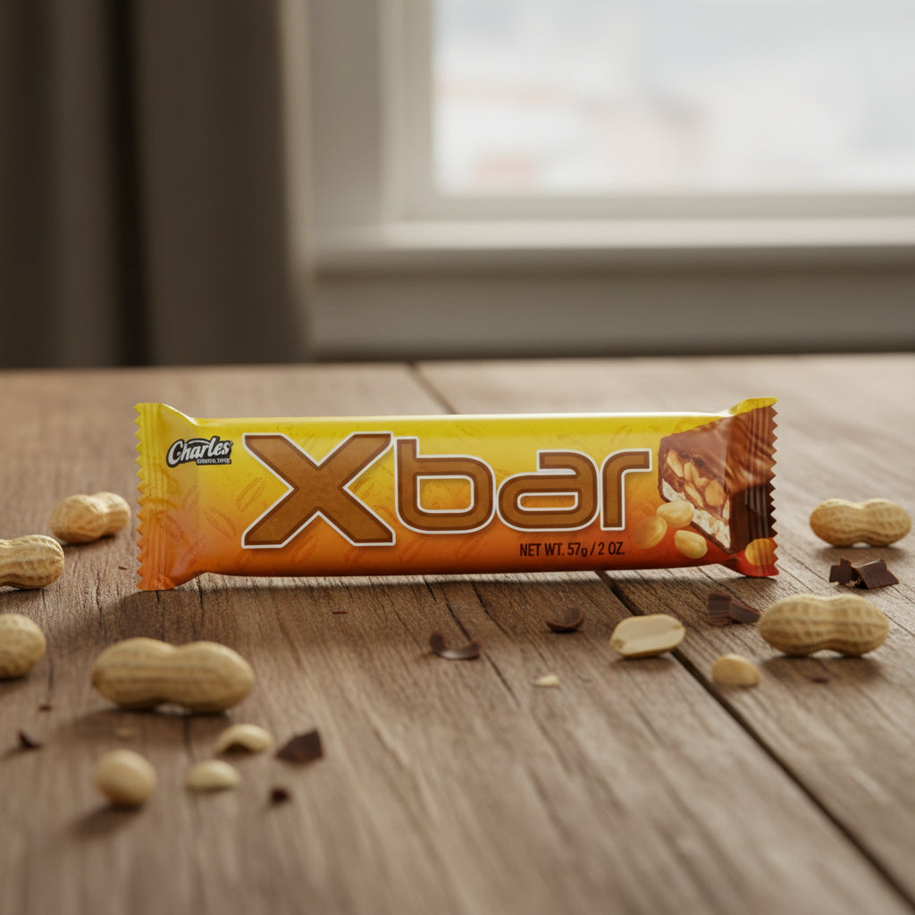 Yellow and brown Xbar protein bar packaging on a white background
