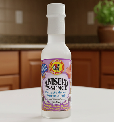 Bottle of aniseed essence with a purple label on a white background