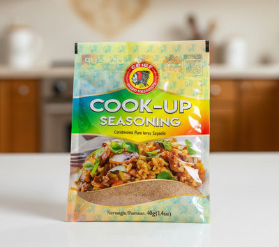 Cook-up seasoning packet with colorful label on a white background