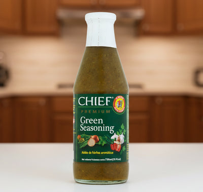 Bottle of Chief Green Seasoning on a white background