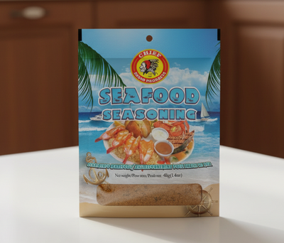 Chief brand seafood seasoning packet with scenic design on a white background