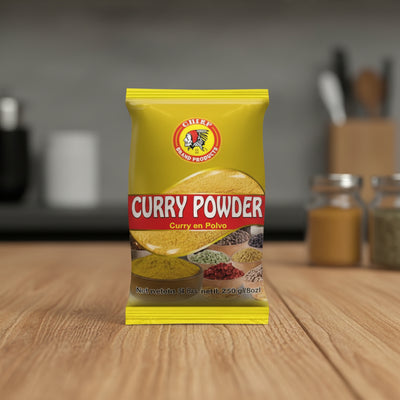 Packaging of Curry Powder with a yellow background