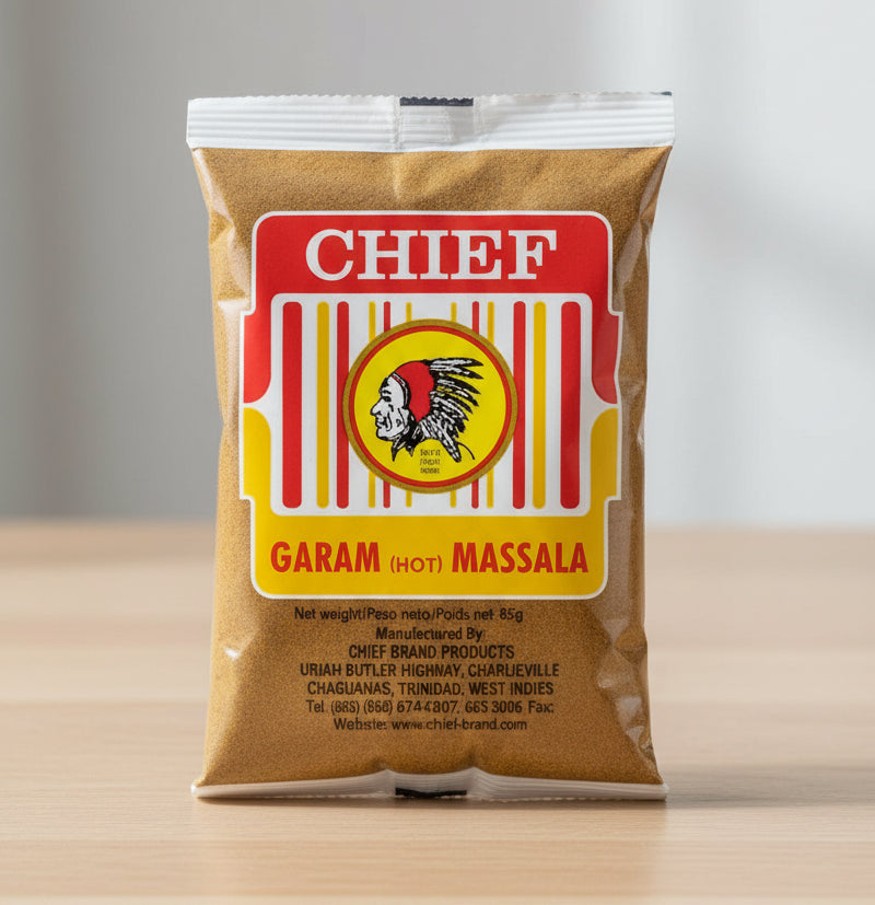 Bag of Chief Garam Masala with a brown background